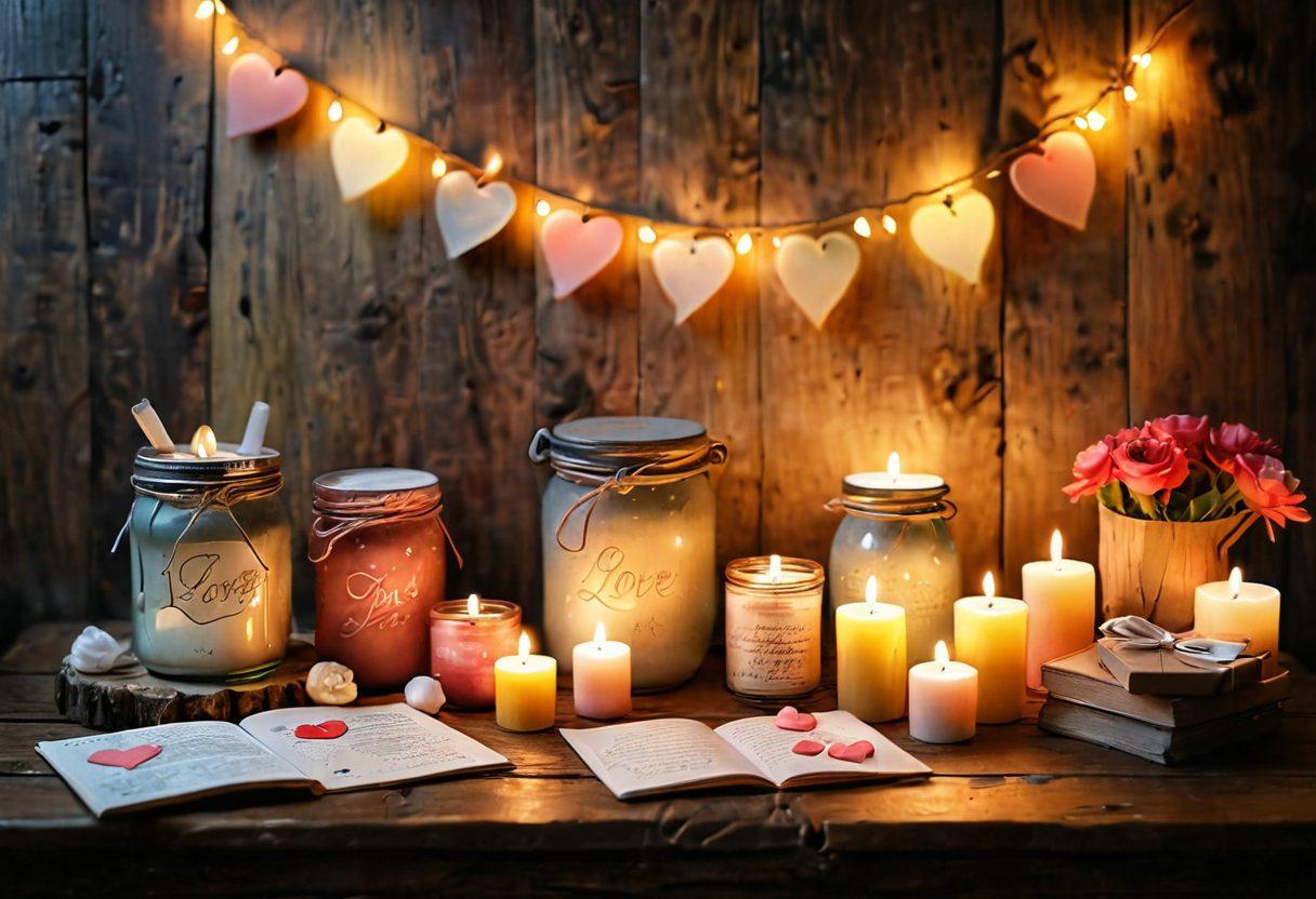 A cozy, inviting space filled with budget-friendly love products, including romantic candles, handmade love notes, and charming gifts, all displayed on a rustic wooden table. Soft pastel colors create a warm atmosphere, while heart-shaped decorations and twinkling fairy lights enhance the romantic vibe. A couple can be seen joyfully exploring these items, capturing the essence of affection and love without breaking the bank. vibrant colors. super-realistic. soft focus.