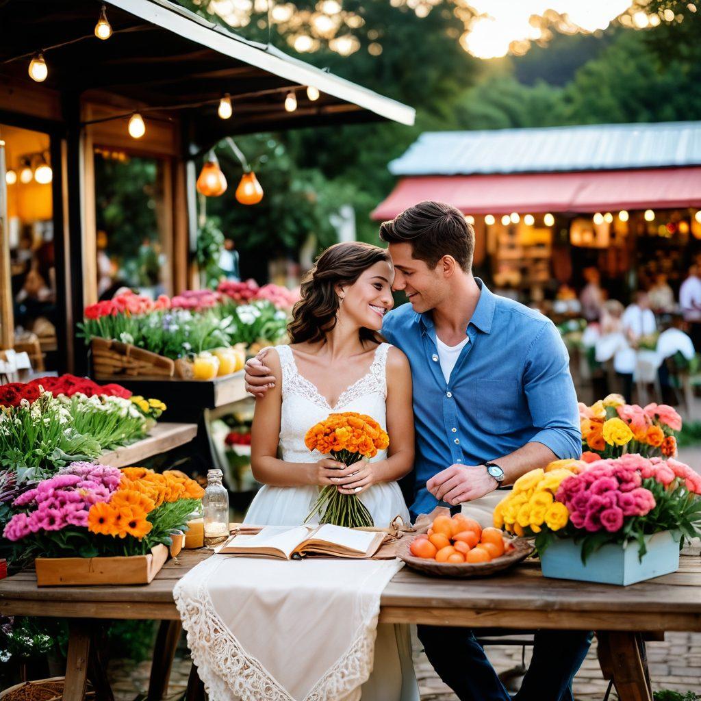 A romantic setting featuring a cozy, budget-friendly open-air market filled with colorful flowers, charming vintage items, and couples engaging in heartfelt conversations. The backdrop showcases a sunset illuminating the scene with warm tones, while subtle hints of wholesaling techniques are integrated, like price tags and bundles of flowers. The overall mood is inviting and romantic, ideal for inspiring readers. super-realistic. vibrant colors. warm tones.