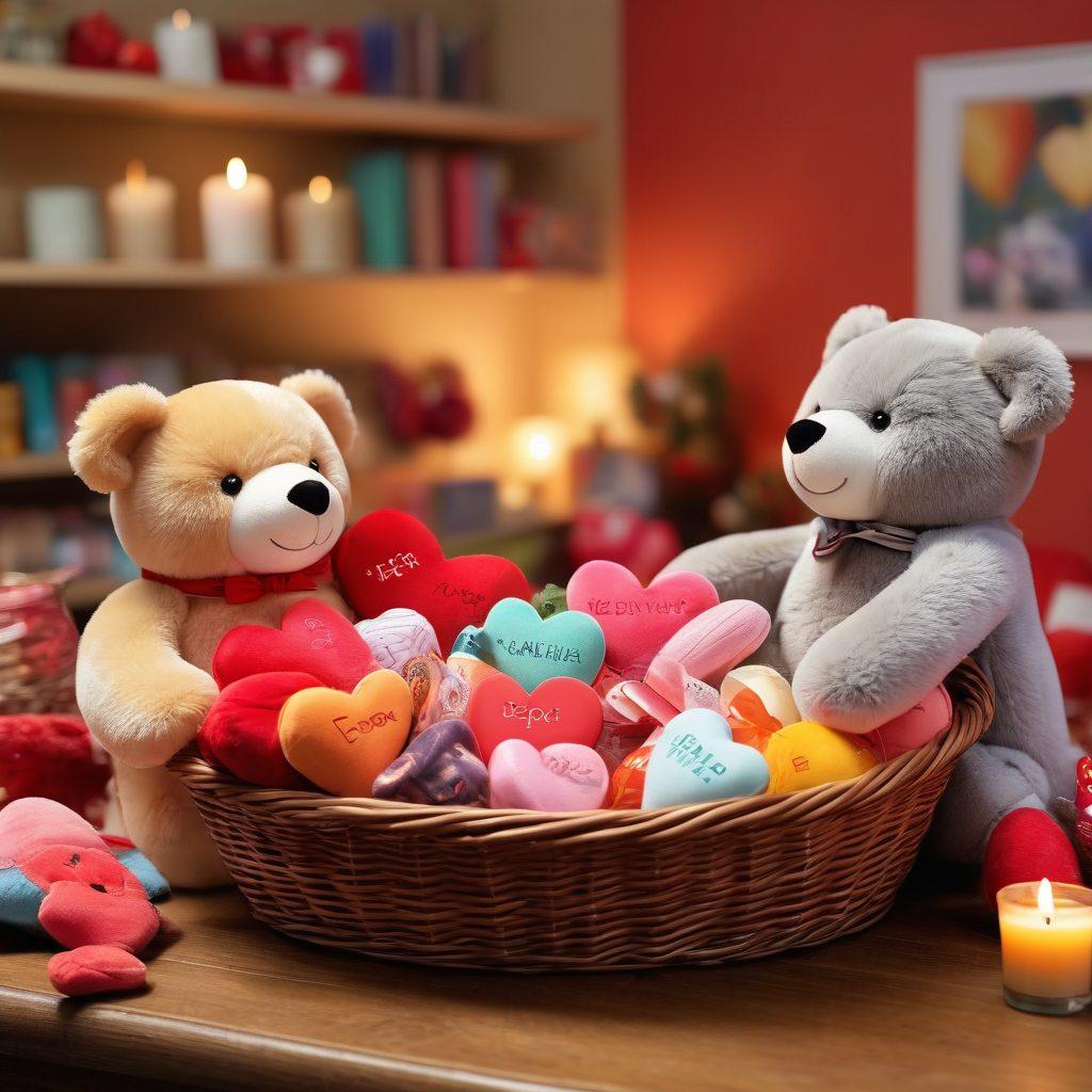 A cozy, inviting scene displaying a heart-shaped basket overflowing with colorful discounted love items like plush toys, scented candles, and chocolates. In the background, a joyful couple examines discount tags on heart-themed products, emphasizing the theme of savings and love. Soft, warm lighting creates a romantic ambiance, enhancing the overall feeling of affection and frugality. super-realistic. vibrant colors. warm background.